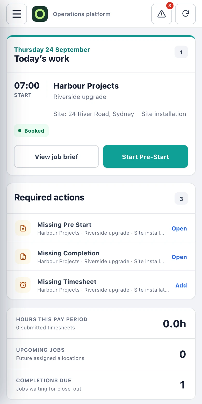 Opebix Field Portal on mobile showing today’s assigned site installation, start time, site address, job brief and required actions