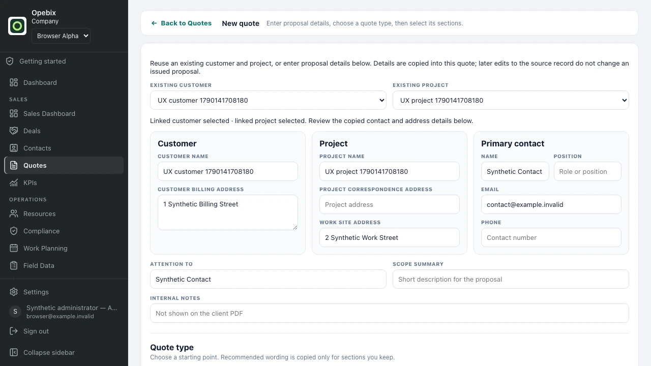 Opebix quote builder linking an existing customer and project using synthetic records